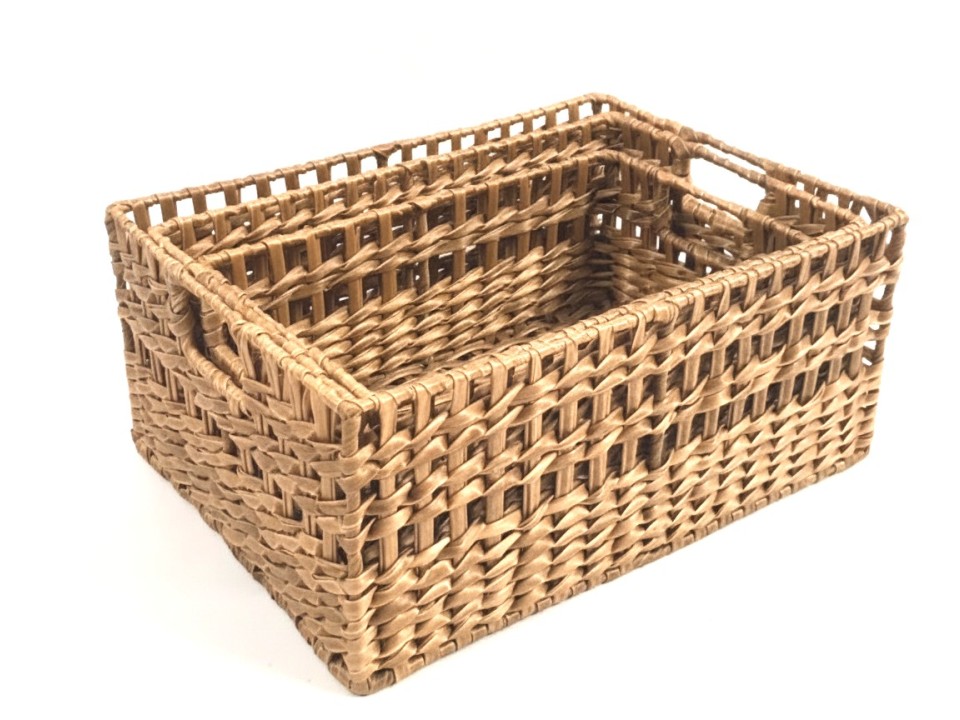 Premium Rectangular Faux Water Hyacinth Basket Set of 3 with Cut-out Handles